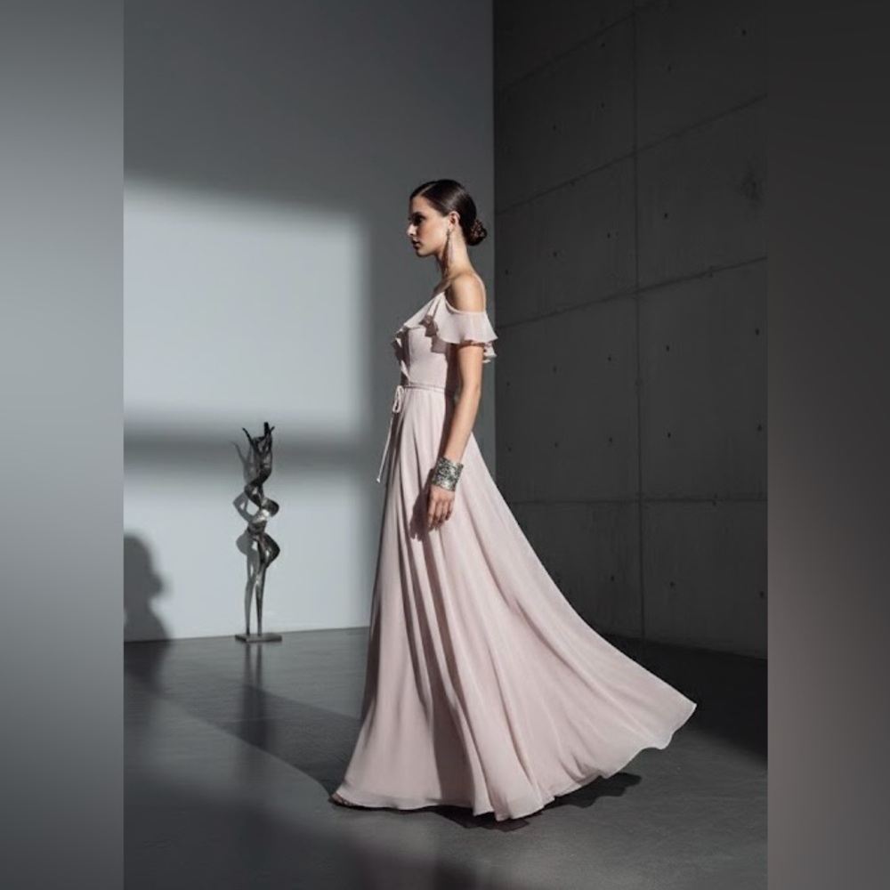Jenny Yoo Topaz Pink Ruffle V-Neck Chiffon A-Line Formal Bridesmaid Dress Size 6 - Picture 3 of 11
